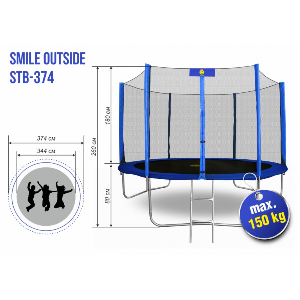 Батут Smile outside синий 12ft с защитной сеткой и лестницей